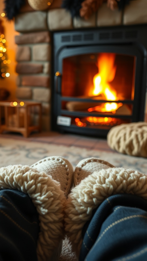 Cozy slippers in front of a fireplace, embodying fall vibes.