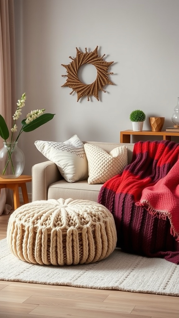 A cozy living room setup featuring a knitted pouf, a red throw blanket, and decorative pillows, creating a warm autumn atmosphere.