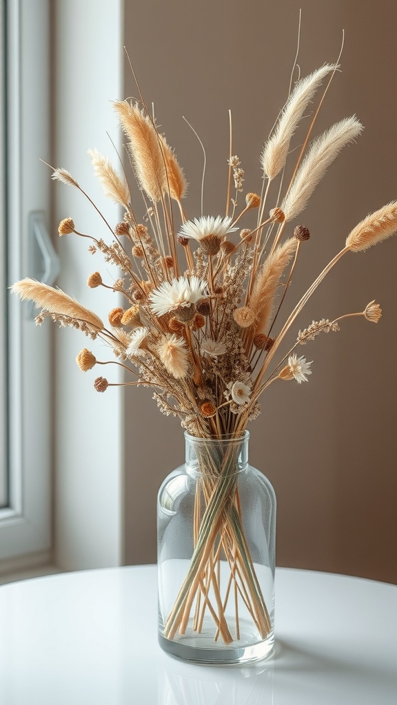A beautiful arrangement of dried flowers and grasses in a clear glass vase, showcasing autumn colors and textures.