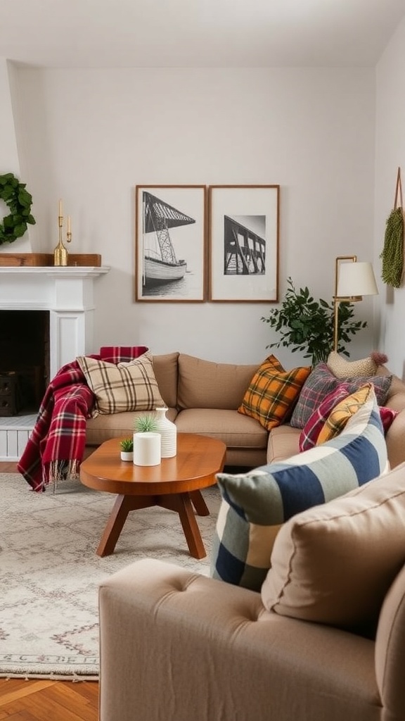 A cozy living room featuring plaid pillows and throws, with a warm color palette and autumn decor.