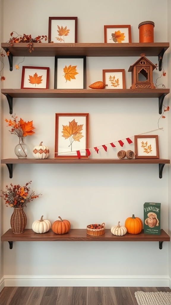 A cozy shelf decorated with seasonal artwork, pumpkins, and autumn leaves.