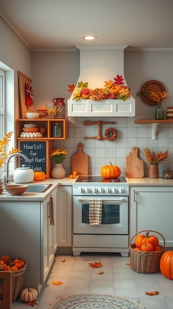 Cozy kitchen decorated for fall with pumpkins, autumn leaves, and warm colors.
