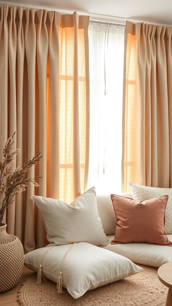 Cozy home office with soft pillows and light curtains