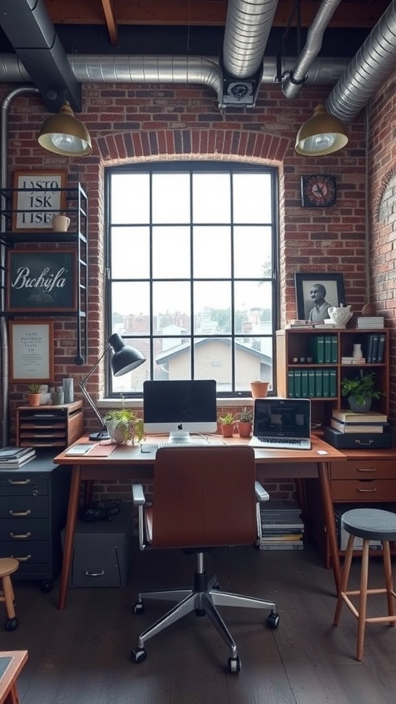 A stylish industrial vintage home office featuring exposed brick walls, large windows, and a wooden desk with metal accents.