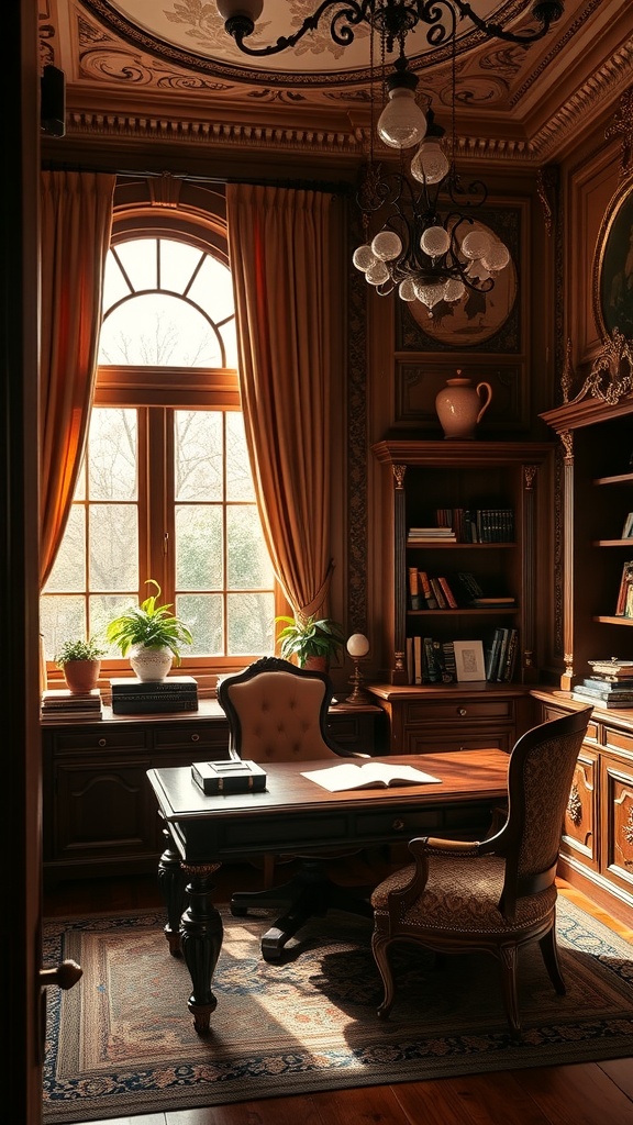 A beautifully designed Italianate home office with rich wood tones, tall windows, and elegant furnishings.