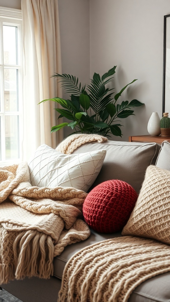 A cozy couch with layered throws and pillows in warm tones, featuring a vibrant red pillow and a green plant in the background.