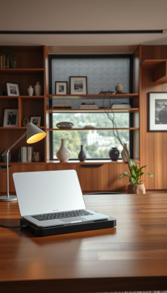 mid-century modern office decor with modern technology