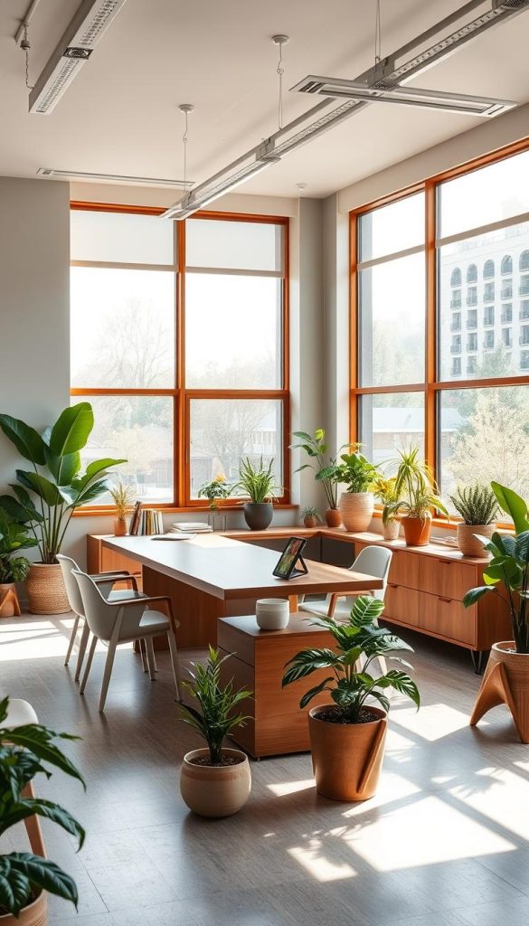 mid-century modern office with plants