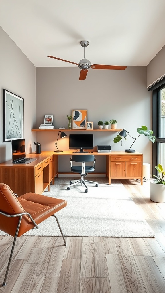 A mid-century modern home office with wooden ceiling, sleek furniture, and plants.