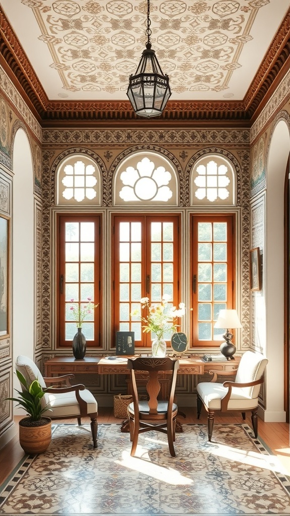A beautifully designed home office featuring Moorish Revival architecture with intricate details and large windows.