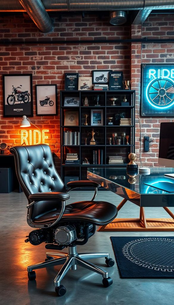 motorcycle-inspired office decor
