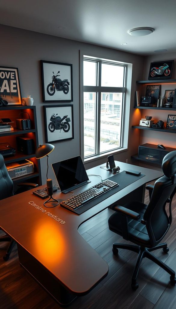 motorcycle-themed home office technology