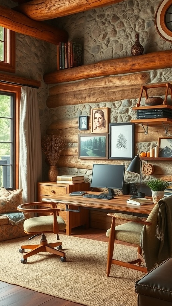 A cozy home office featuring wooden beams and stone walls, decorated with framed artwork and a warm desk.