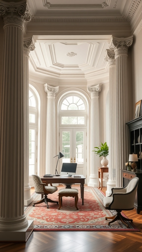 A neoclassical home office with tall columns, large windows, and elegant furniture.