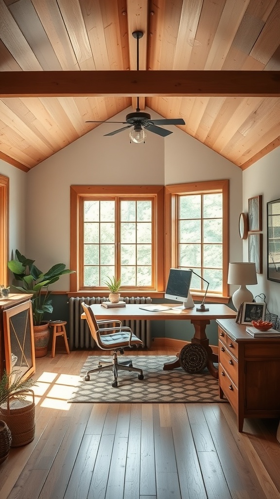 A cozy home office with wooden ceiling, large windows, and natural decor, reflecting Prairie Style architecture.