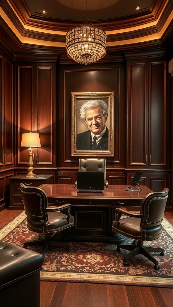 A cozy home office featuring rich chocolate brown furniture and decor with gold highlights.