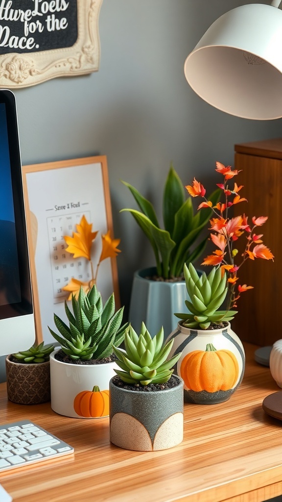 A cozy workspace featuring various tabletop plants, pumpkins, and autumn flowers, creating a fall vibe.
