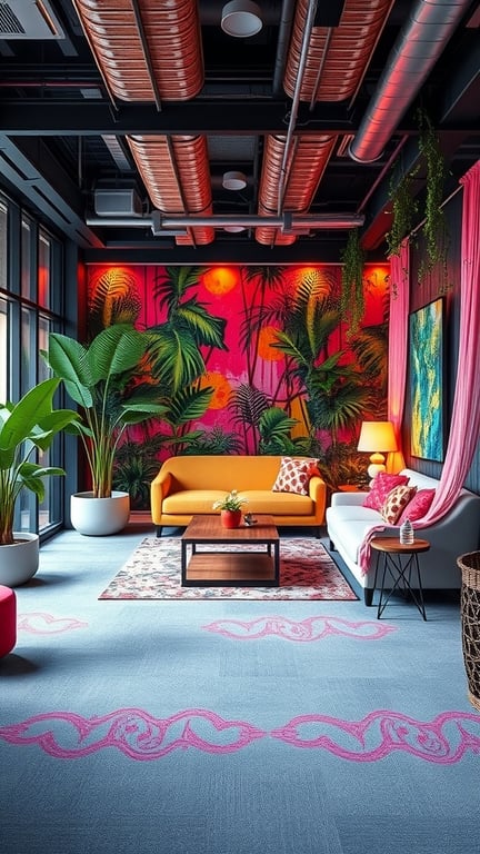 A vibrant digital detox area with colorful seating and a lively mural.