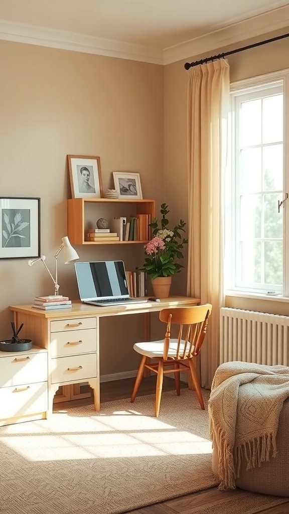 A warm beige home office with a wooden desk, chair, and natural light.