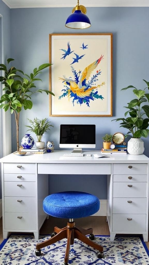 A cozy home office featuring cobalt blue accents with a blue bookshelf and chairs, warm autumn decor, and pumpkins.