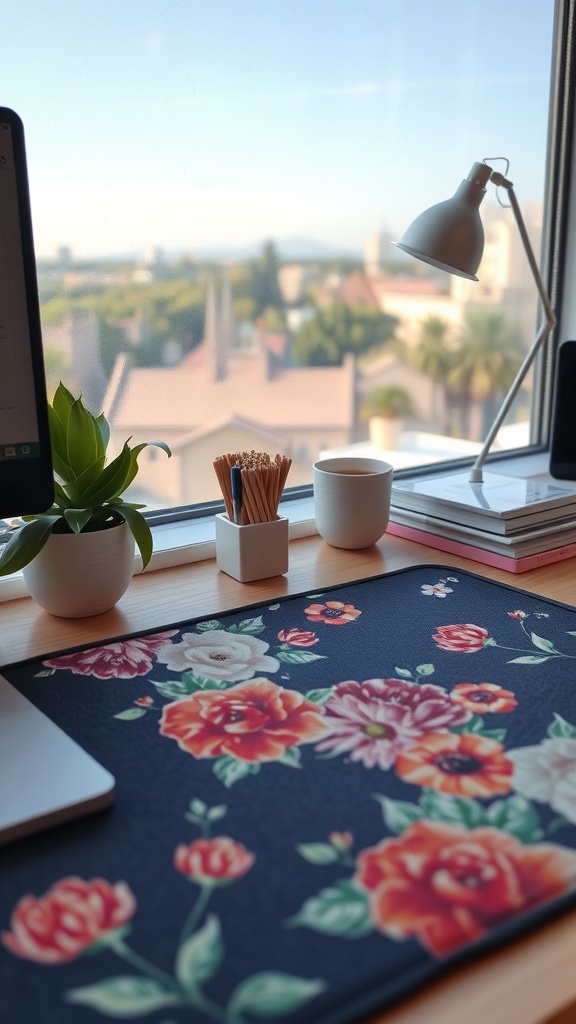 A stylish desk mat with floral design on a wooden desk, featuring a computer, plant, and lamp, with a view outside.