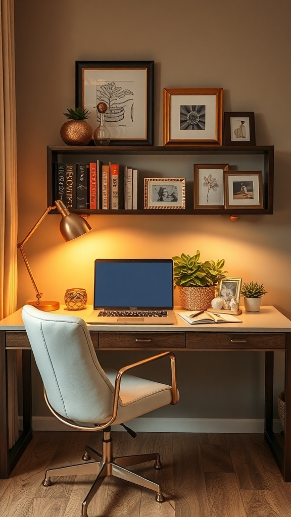 A cozy home office decorated for fall with pumpkins, autumn leaves, and warm metallic accents.