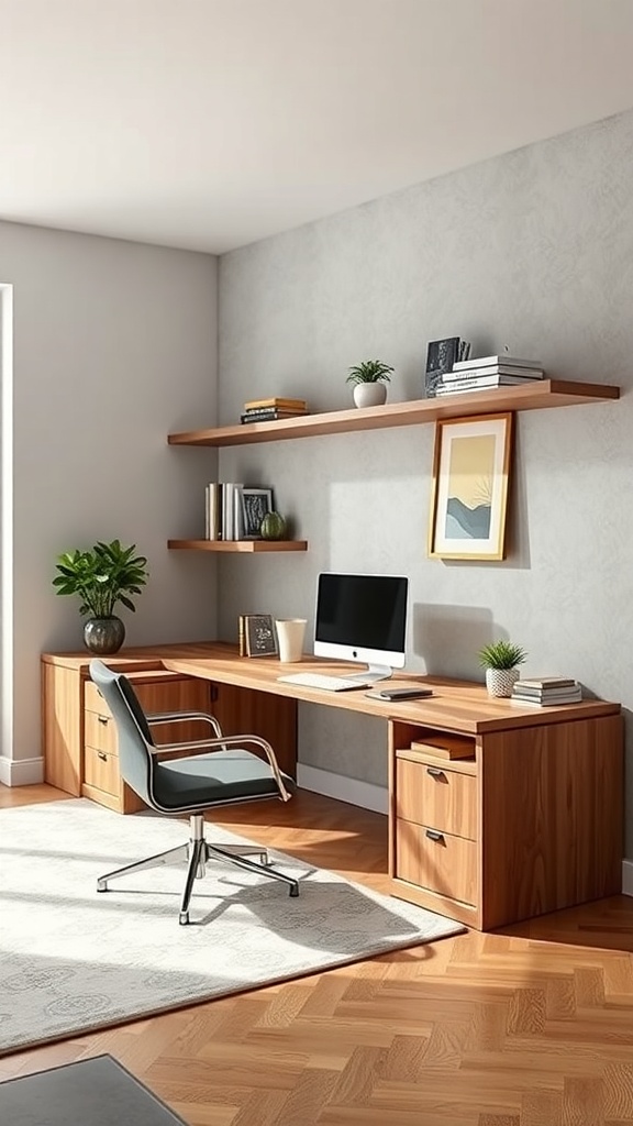 Modern l shaped desk with floating shelves in an office setting