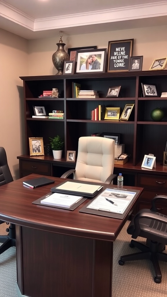 A modern executive office featuring a wooden desk, black leather chairs, and framed photographs on the wall, illuminated by natural light.