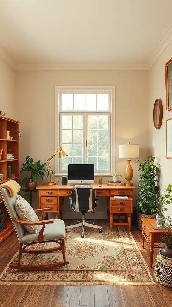 Cozy home office with vintage beige aesthetic featuring wooden furniture and plants
