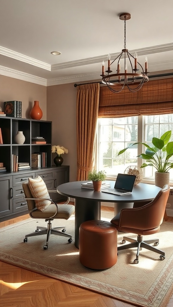 A cozy home office featuring chocolate brown elements, with a desk, shelving, and warm autumn color palette.