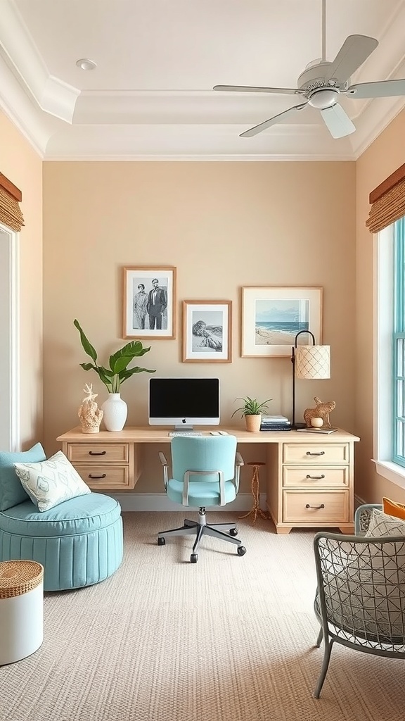 A cozy home office featuring beige walls, aqua accents, and natural decor elements.