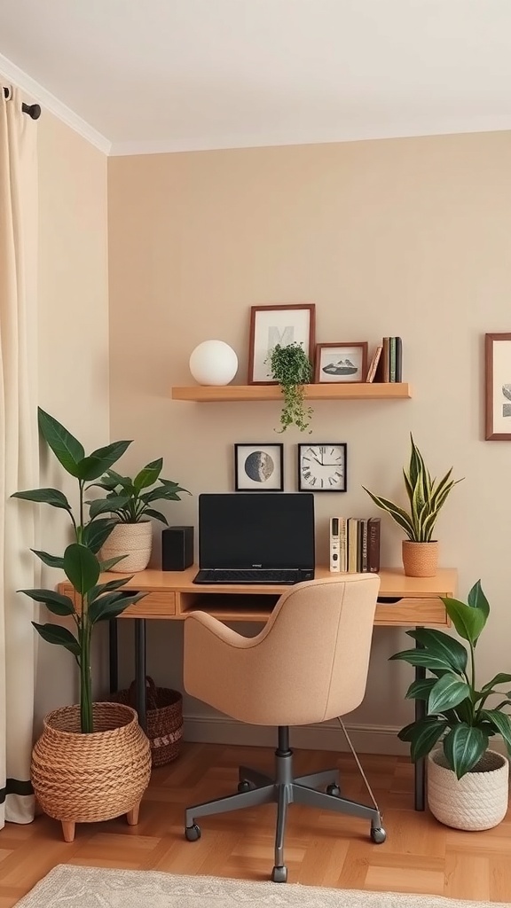 A cozy home office featuring soft beige walls, a light brown desk and chair, and various green plants.