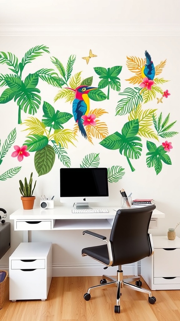 A home office with tropical wall decals featuring palm leaves and a motivational quote, showcasing a stylish workspace.