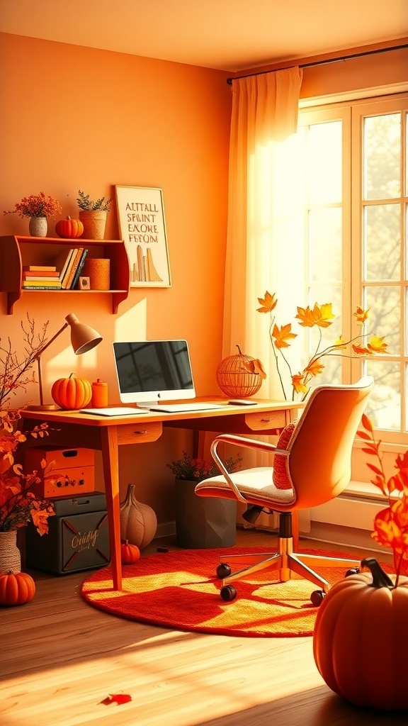 A cozy home office with coral tones, featuring a desk, chair, and autumn decorations.