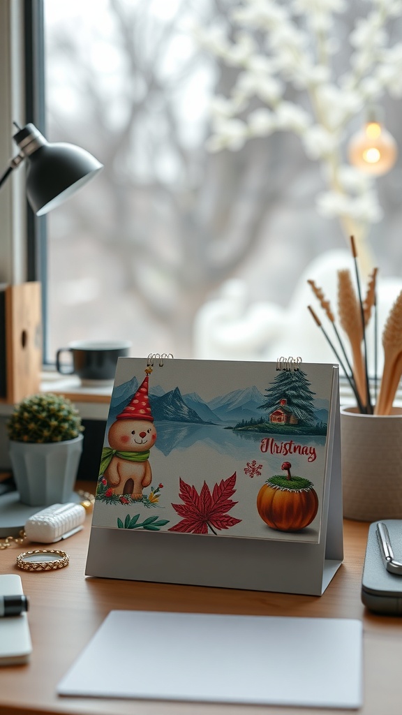 A colorful desk calendar featuring a bear and autumn leaves, placed on a wooden desk with a lamp and decorative items.