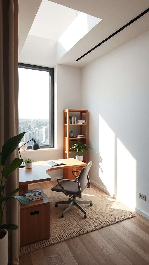 A minimalist modern home office with a large window, wooden desk, ergonomic chair, and shelving unit.