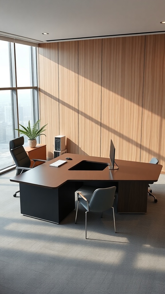 A modern L shaped executive desk in a stylish office setting