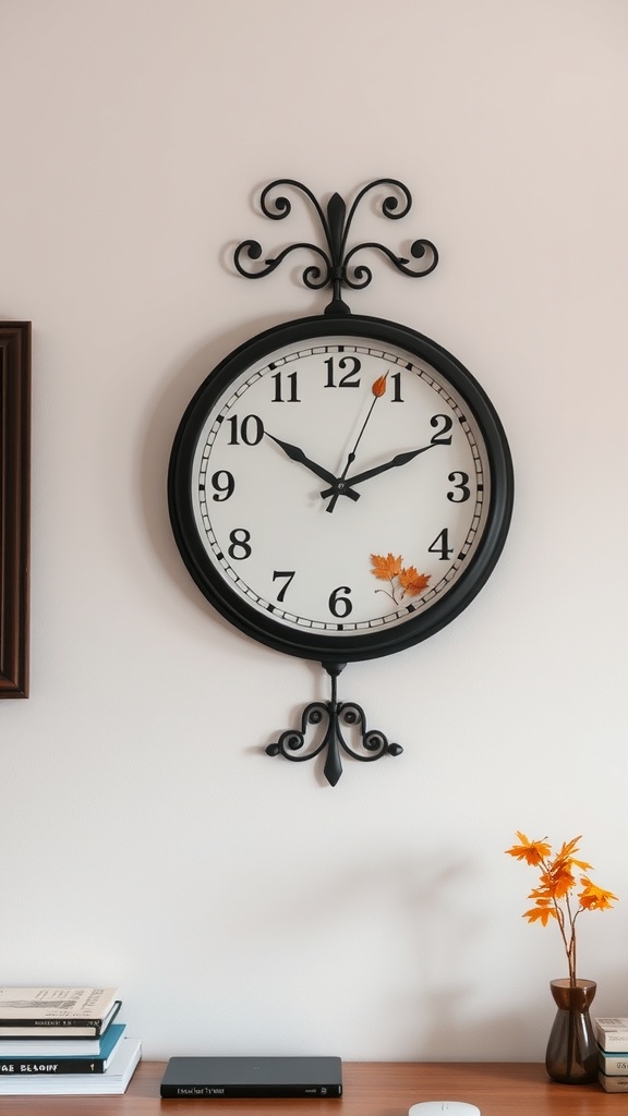 A stylish black wall clock with autumn leaves, adding a seasonal touch to an office space.