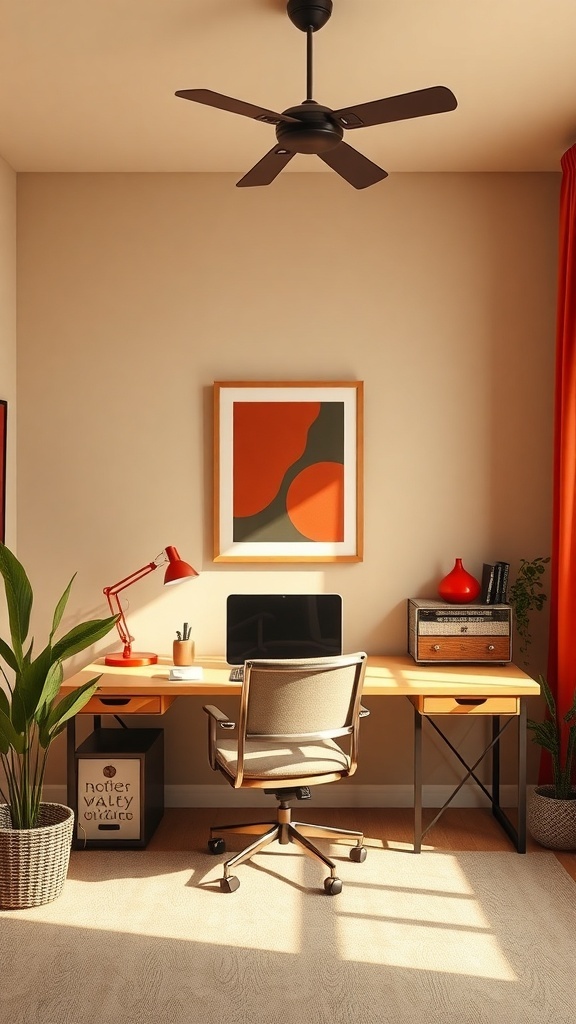 A cozy home office featuring beige walls, a wooden desk, and bright red accents.
