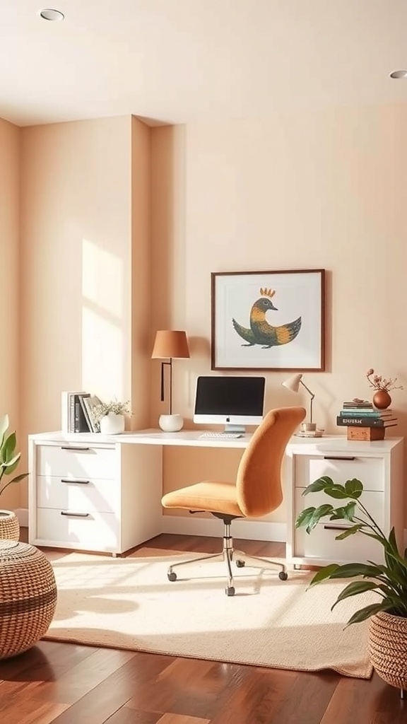 A cozy home office with beige walls, a light wooden desk, and soft peach accents, featuring plants and artwork.