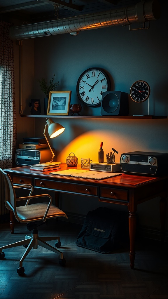 A vintage executive desk in a well-lit office with warm decor and cozy lighting.