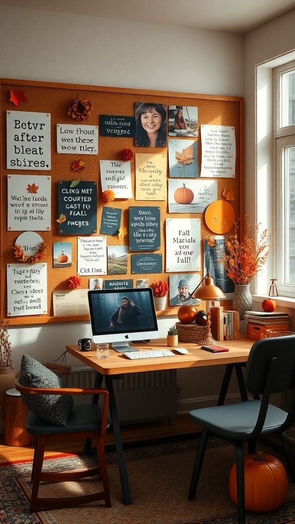 A corkboard filled with fall-themed quotes, images, and decorations in a cozy workspace.
