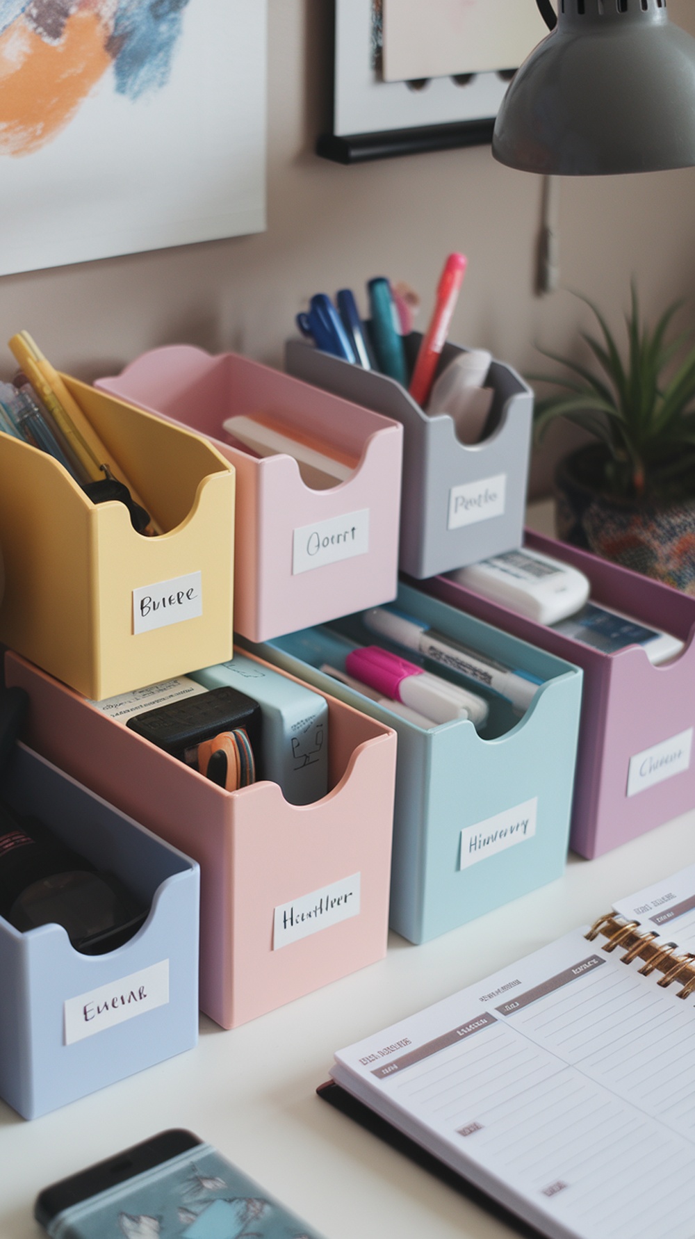 A stylish arrangement of decorative storage boxes on a desk, featuring green and yellow boxes with various office supplies.