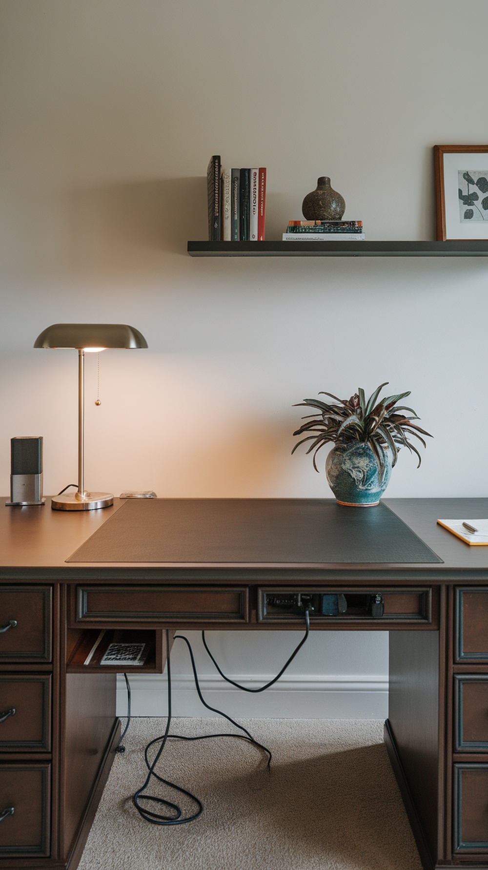 Modern executive office with a desk featuring cable management, multiple monitors, and ergonomic chairs.