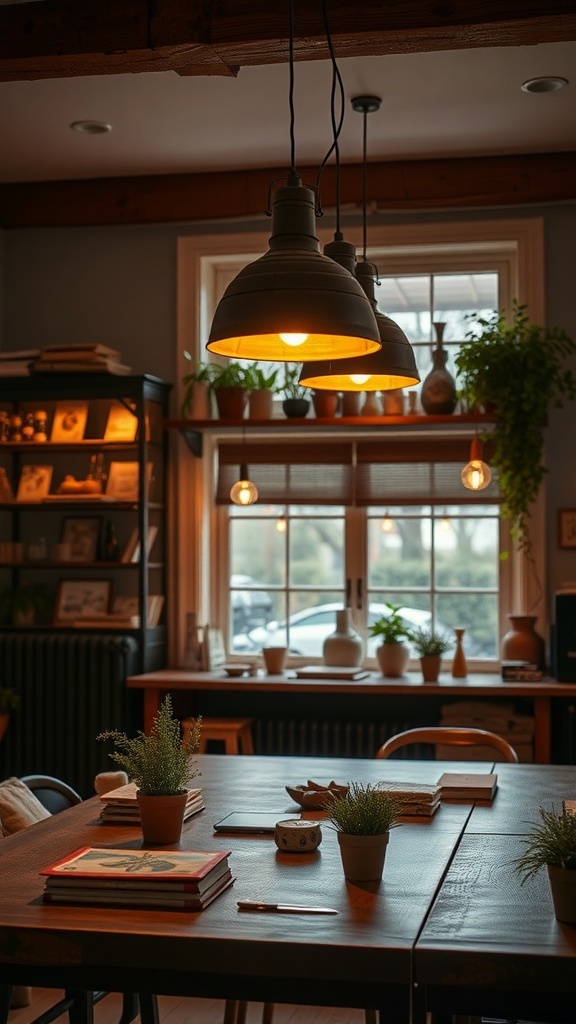 A warm and inviting home office with soft lighting, plants, and autumn decor.