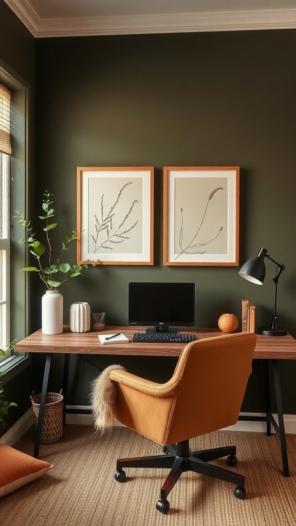 A cozy home office featuring a wooden desk, light brown wallpaper, and warm natural lighting.