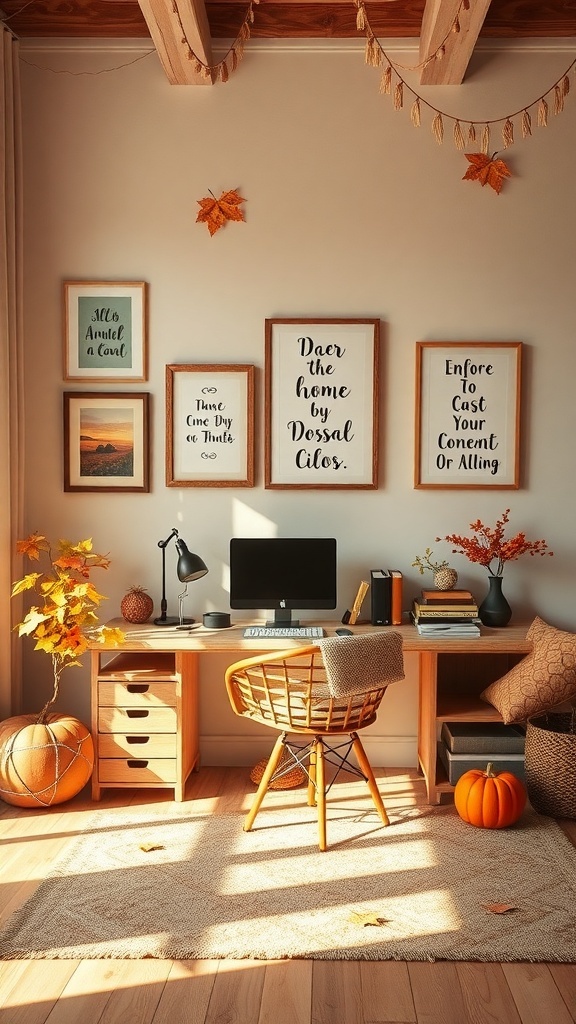 A cozy home office with framed quotes, autumn leaves, and pumpkins, showcasing seasonal decor.