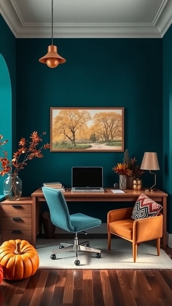 A home office featuring deep teal walls, a wooden desk, and warm autumn accents.