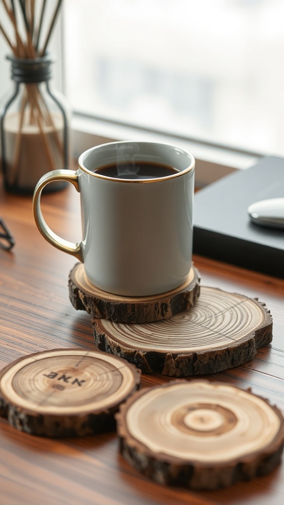A cozy setup featuring a cup of coffee on wood slice coasters, with a warm and inviting workspace.