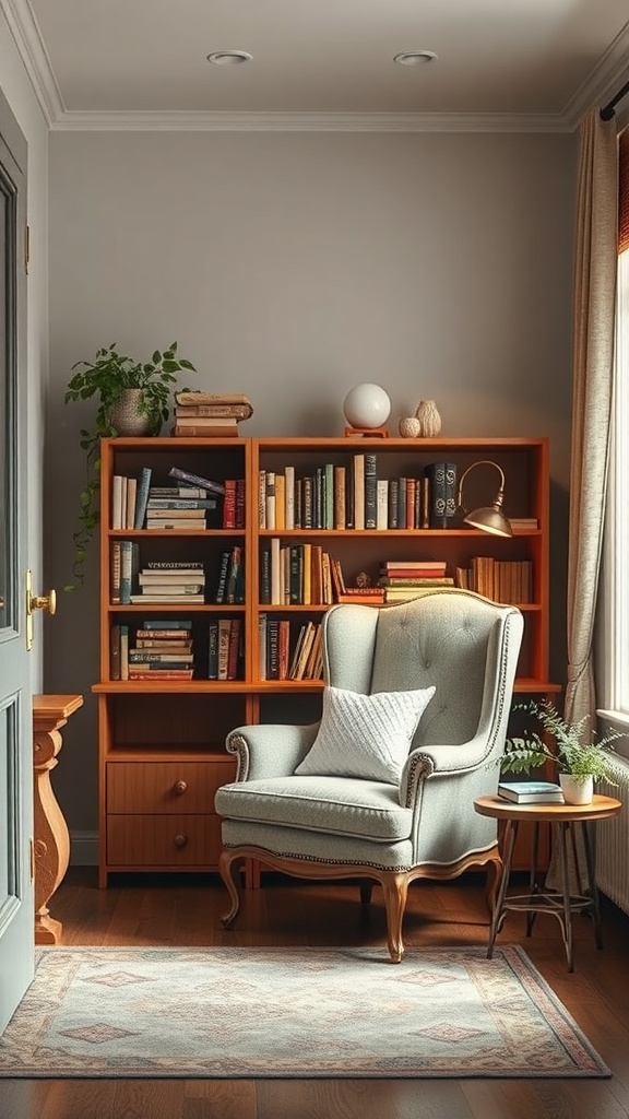 Cozy reading nook in a home office with a plush armchair, bookshelf, and side table.